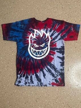 Spitfire Red Blue Black Tie-Dye Flame Logo Tee
